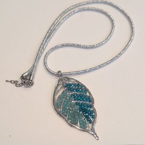 Silver Leaf Pendant Necklace with Teal Crystal Accents - Women Jewelry